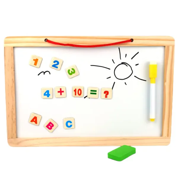 2 v 1 dřevěná magnetická kreslící tabule s magnetickými písmeny, fixou a křídou obrázek 2