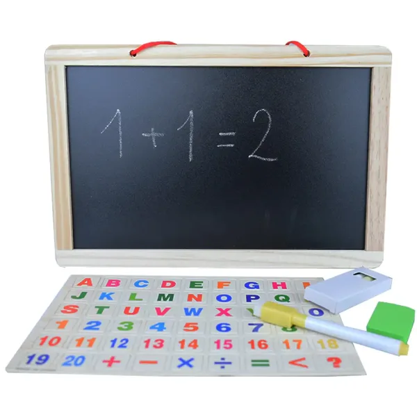 2 v 1 dřevěná magnetická kreslící tabule s magnetickými písmeny, fixou a křídou obrázek 3