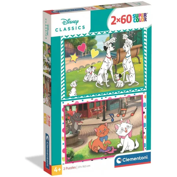 Disney Klasiky 101 dalmatinů a Aristokočky 2×60 dílků Supercolor puzzle - Clementoni obrázek 1