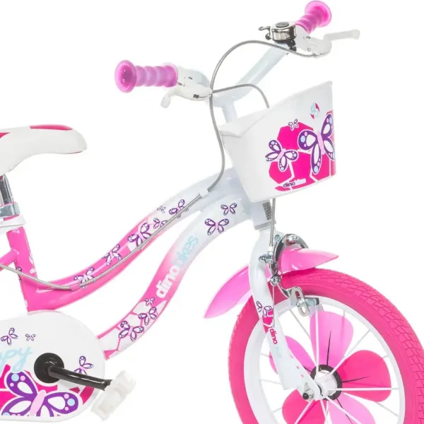 Flappy 14” dětské kolo s košíkem a sedátkem pro panenku v růžovo-bílé barvě – kolo Dino Bikes obrázek 3