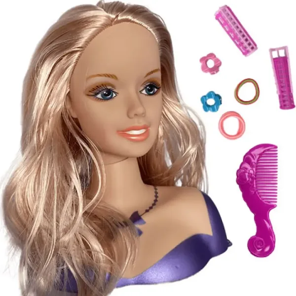 Hlava panenky s hřebenatelnými blond vlasy, natáčky a doplňky. obrázek 2