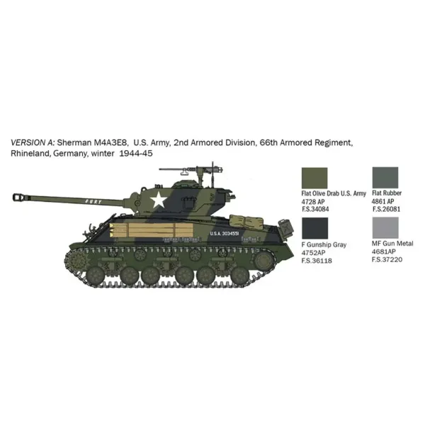 Italeri 1/56 M4A3E8 Sherman Fury tank model obrázek 3