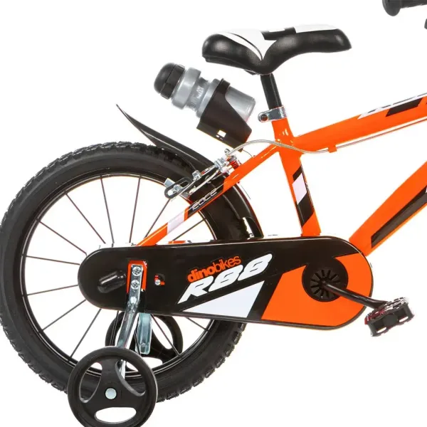 R88 dětské kolo 14” s držákem na láhev a postranními kolečky v oranžovo-černé barvě – jízdní kolo Dino Bikes obrázek 2