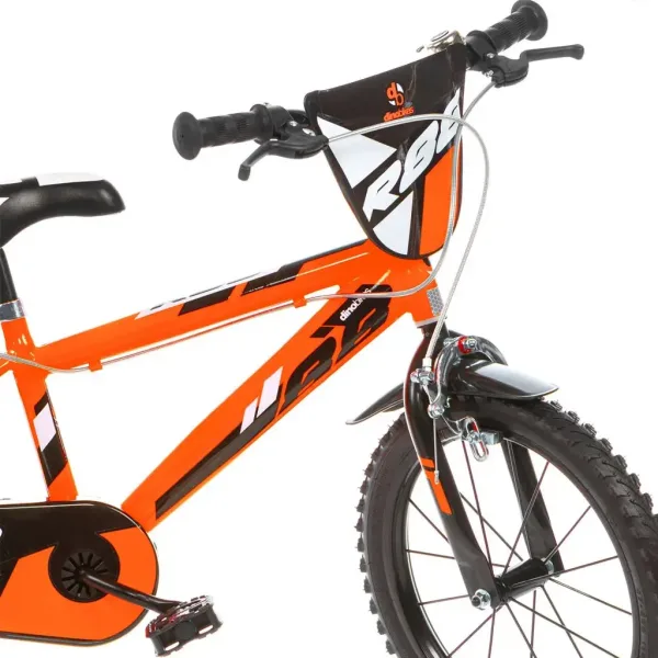 R88 dětské kolo 14” s držákem na láhev a postranními kolečky v oranžovo-černé barvě – jízdní kolo Dino Bikes obrázek 3
