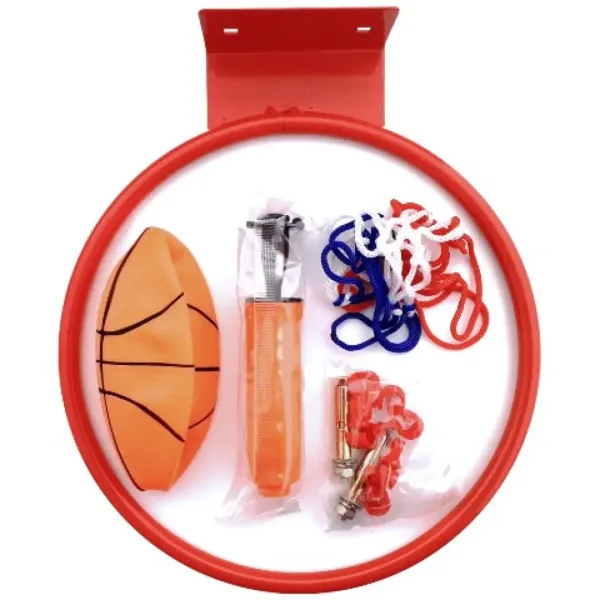 Sada kovového basketbalového koše s barevnou sítí, míčem a pumpou o průměru 22 cm. obrázek 2