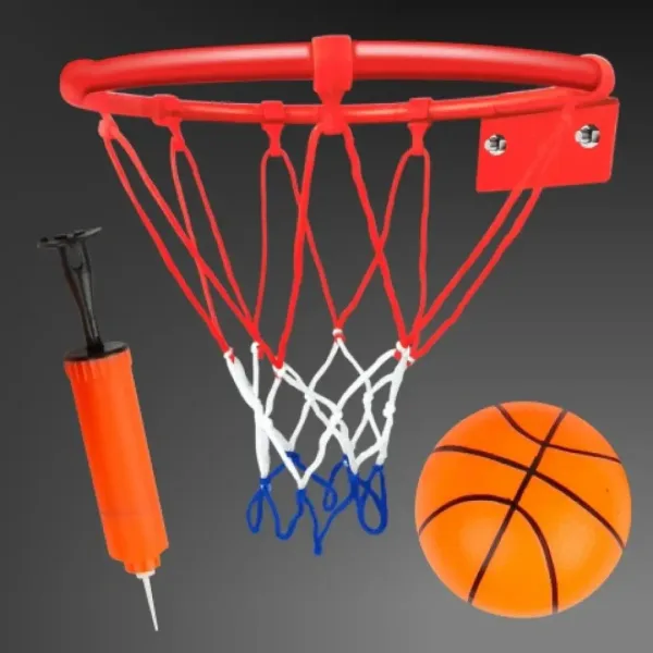 Sada kovové basketbalové obroučky s barevnou sítí, míčem a pumpou, 24 cm obrázek 3