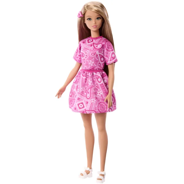 Barbie: Fashionista Přítelkyně stylová módní panenka v růžovém šátkovém vzoru - Mattel obrázek 2