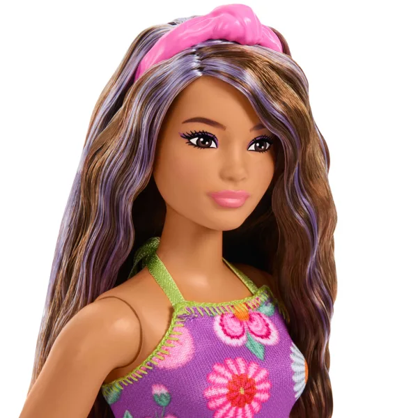 Barbie: Fashionista Kamarádky s květinovými šaty a fialovými prameny – Mattel obrázek 3