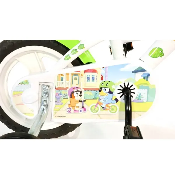 Bluey 12” dětské kolo s držákem na láhev a postranními koly v bílo-modro-zelené barvě – Dino Bikes kolo obrázek 4