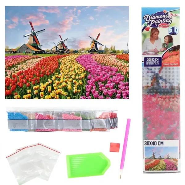 Diamantové puzzle: Holandské tulipánové pole diamantové malování sada 30x40cm obrázek 2