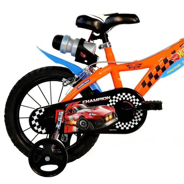 Hot Wheels 16” dětské kolo s držákem na láhev a bočními kolečky v oranžovo-černé barvě – Dino Bikes kolo obrázek 2