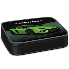 Ars Una: Zelený penál s motivem Lamborghini, vícepatrový, 15,5 x 22,5 x 4,5 cm