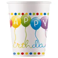 Barevné balónkové narozeninové papírové kelímky s nápisem "Happy Birthday" 200 ml, sada 8 ks