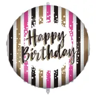 Fóliový balón k narozeninám – s nápisem „Happy Birthday“, zlatý-černý-růžový pruhovaný design, 46 cm