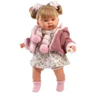 Llorens: Alexandra, 42cm plačící panenka s dudlíkem v růžovém pleteném kabátku a květované sukni