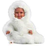 Llorens: Luka, 45cm usměvavá panenka s dudlíkem v bílém sametovém kabátku.
