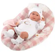 Llorens: Mimi Llorana 42cm pláčící novorozenec s kostkovanou postýlkou.