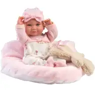 Llorens: Nica 40cm novorozenecká panenka s medvídkem a růžovou postýlkou.