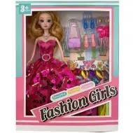 Módní panenka v růžových flitrových plesových šatech s doplňky 28cm