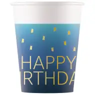 Modré papírové kelímky s nápisem "Happy Birthday", sada 8 ks, 200 ml
