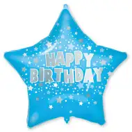 Narozeninový fóliový balónek – Modrý s hvězdami s nápisem „Happy Birthday“ 46 cm