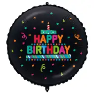 Narozeninový fóliový balónek – s nápisem „Happy Birthday“, s dortem a konfetami, na černém podkladu, 46 cm