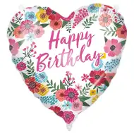 Narozeninový fóliový balónek – s nápisem „Happy Birthday“, ve tvaru srdce, s květinovým vzorem, 46 cm