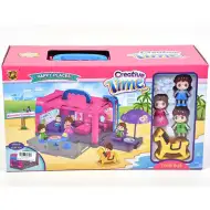 Přenosná hračka ve tvaru turistického autobusu s rozkládací sadou doplňků.