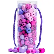 Růžová dřevěná sada korálků v nádobě