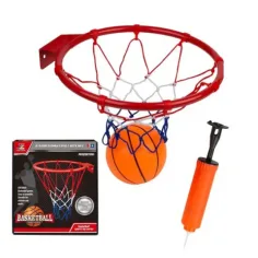 Sada kovového basketbalového koše s barevnou sítí, míčem a pumpou o průměru 22 cm. obrázek 3