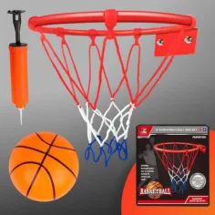 Sada kovového basketbalového koše s barevnou sítí, míčem a pumpou o průměru 22 cm. obrázek 4