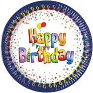 Veselý modro-bílý narozeninový papírový talíř s nápisem „Happy Birthday“, sada 8 ks.