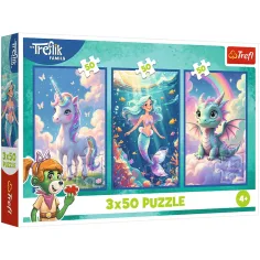 Barevný pohádkový svět – 3 x 50 ks puzzle s jednorožcem, mořskou pannou a drakem – Trefl