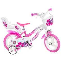 Flappy 12” dětské kolo s košíkem a dětským sedátkem v růžovo-bílé barvě - Dino Bikes kolo