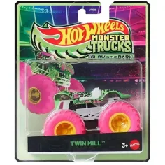 Hot Wheels Monster Trucks: Twin Mill neonově zelené autíčko svítící ve tmě 1/64 – Mattel