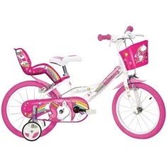 Růžovo-bílý dětský bicykl s jednorožcem velikosti 14 - Dino Bikes kolo