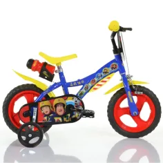 Sam, hasič 12” dětské kolo s držákem na láhev a postranními koly v modro-žluté barvě – Dino Bikes kolo