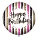 Fóliový balón k narozeninám – s nápisem „Happy Birthday“, zlatý-černý-růžový pruhovaný design, 46 cm