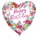 Narozeninový fóliový balónek – s nápisem „Happy Birthday“, ve tvaru srdce, s květinovým vzorem, 46 cm