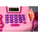 Růžová elektronická pokladna s mikrofonem, hračkovými penězi a zvukem.