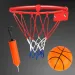 Sada kovového basketbalového koše s barevnou sítí, míčem a pumpou o průměru 22 cm.